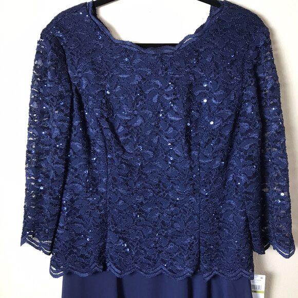 NEW Alex Evenings Women's Navy Sequin Lace Embroidered Tea-Length Dress Sz 14 - Picture 4 of 13
